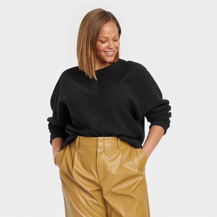 Women's Plus Size Long Sleeve Boat Neck Ottoman Top - A New Day Black