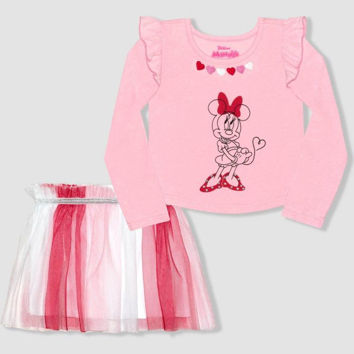 Disney Toddler Girls' Minnie Mouse Valentine's Day Long Sleeve T-shirt And Tutu Skirt