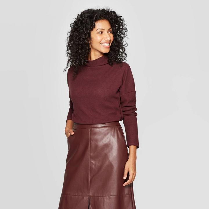 Women's Long Sleeve Turtleneck Rib Drapey Top - A New Day Rose