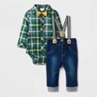 Baby Boys' Plaid Poplin Suspender Set With Bowtie - Cat & Jack Forest Green Newborn