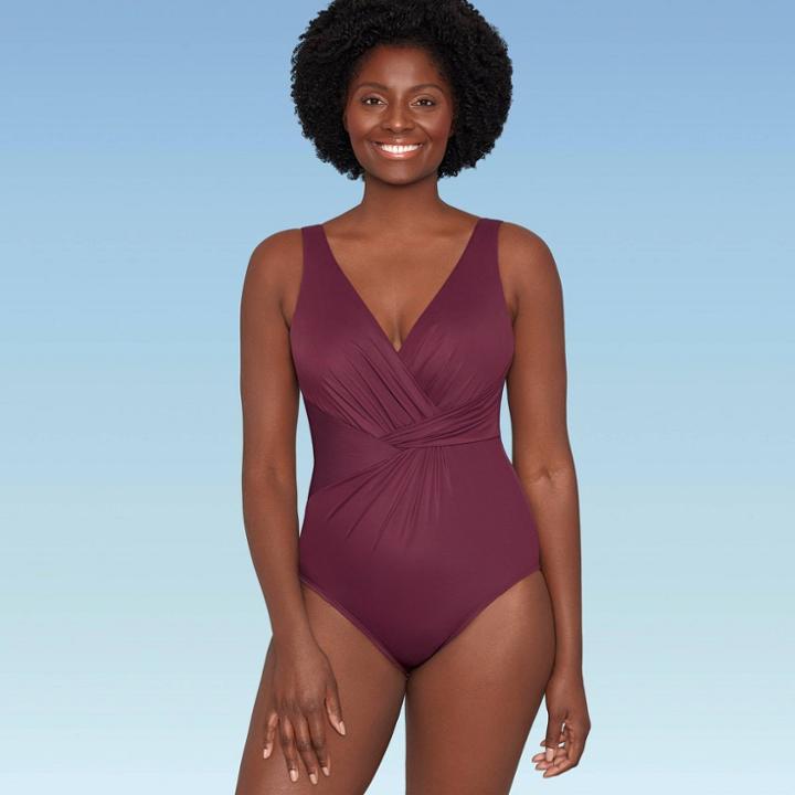 Women's Slimming Control Twist-front One Piece Swimsuit - Dreamsuit By Miracle Brands Dark Purple