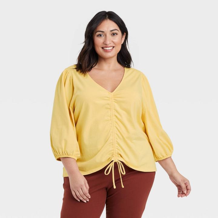 Women's Plus Size Puff 3/4 Sleeve V-neck Front Ruched Top - A New Day Yellow