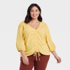 Women's Plus Size Puff 3/4 Sleeve V-neck Front Ruched Top - A New Day Yellow