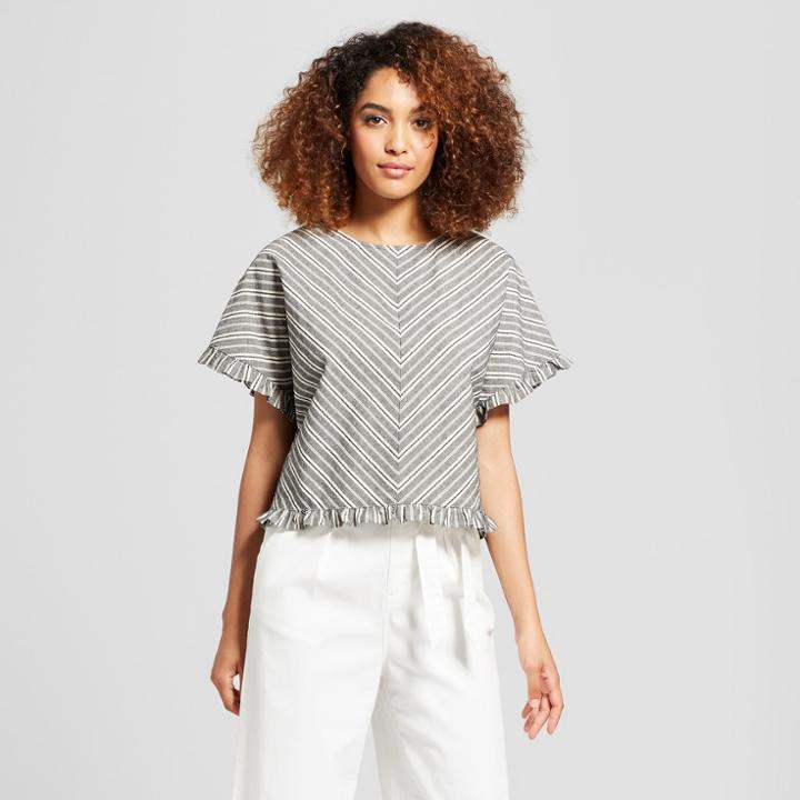 Women's Striped Short Sleeve Ruffle Trim Blouse - A New Day Black