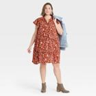 Women's Plus Size Floral Print Flutter Short Sleeve Knit Tiered Dress - Knox Rose Brown