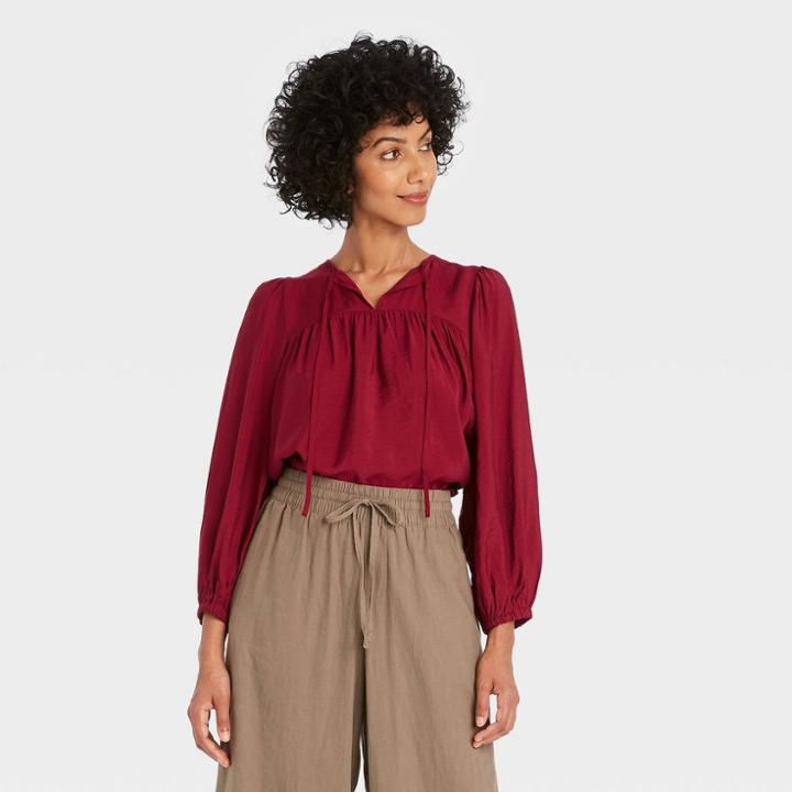 Women's Balloon Long Sleeve Blouse - A New Day Dark Red