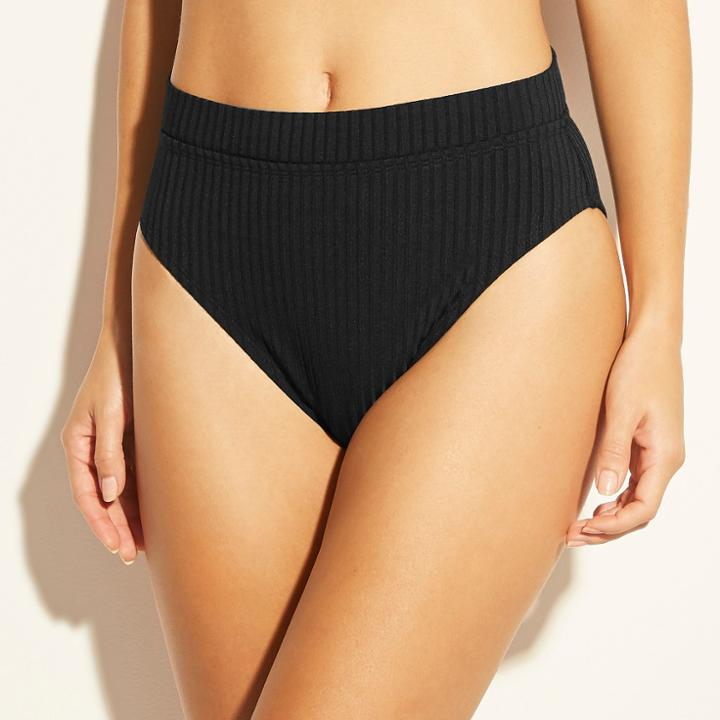 Women's Ribbed High Leg High Waist Bikini Bottom - Xhilaration Black
