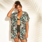Women's Tie Front Kimono Cover Up - Cover 2 Cover Black Palm 1x,