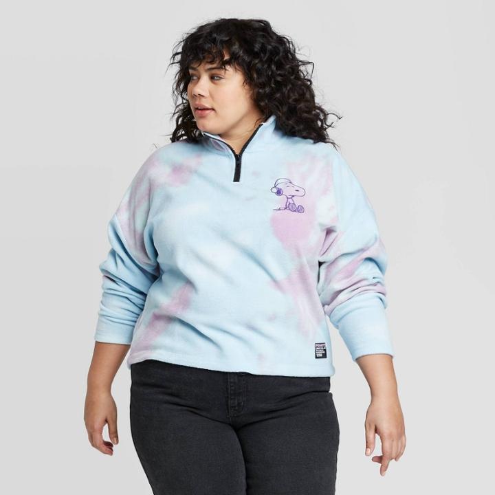Women's Peanuts Plus Size Tie Dye 1/4 Zip Long Sleeve Fleece Sweatshirt (juniors') - Blue 2x, Women's, Size: