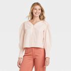Women's Long Sleeve Smocked Poplin Top - A New Day Pastel Peach Xs, Pastel Pink
