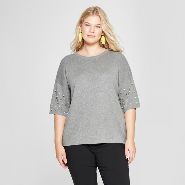 Women's Plus Size Short Sleeve Pearl Embellished Pullover - A New Day Gray
