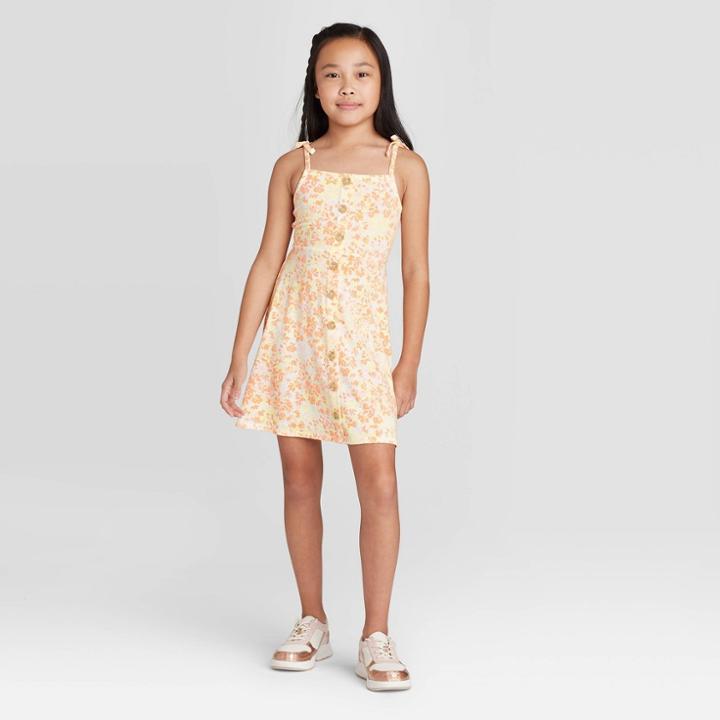 Girls' Floral Button-front Dress - Art Class Orange