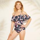 Women's Ruffle Cold Shoulder One Piece Swimsuit - Sea Angel Grey Floral Xl,