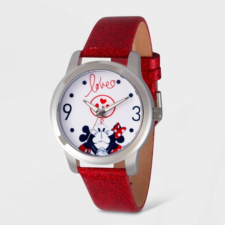 Mickey Mouse Women's Disney Mickey And Minnie Mouse Glitter Strap Watch - Red
