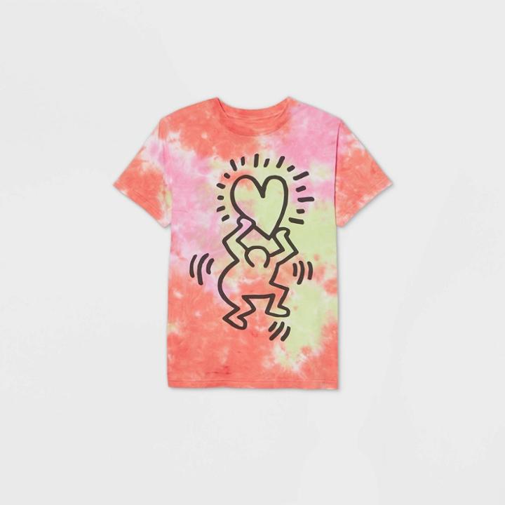 Women's Keith Haring Shining Heart Short Sleeve Boyfriend Graphic T-shirt - Orange/pink