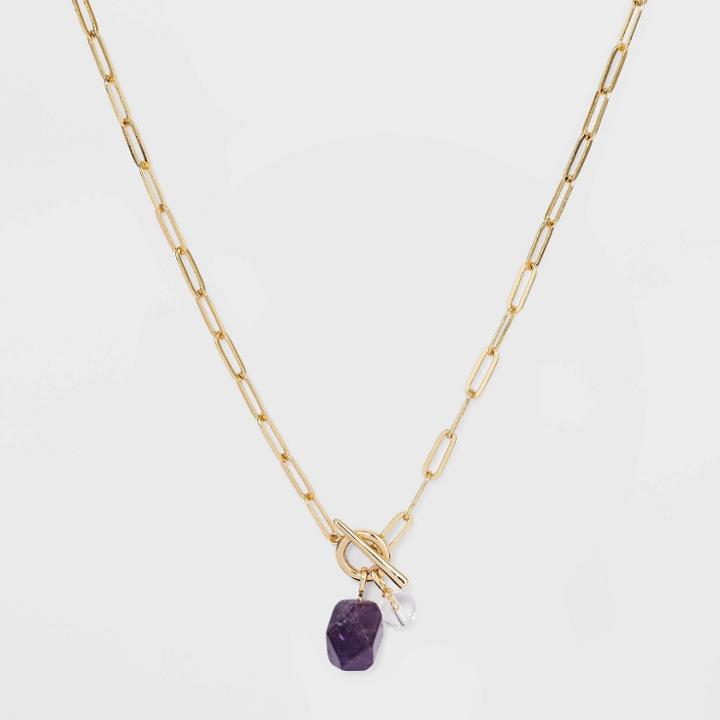 Paperclip Gold Dipped And Amethyst Clear Quartz Chain Necklace - A New Day Purple