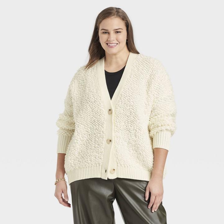 Women's Plus Size Loop Stitch Cardigan - A New Day Cream Jacquard 1x, Ivory Jacquard