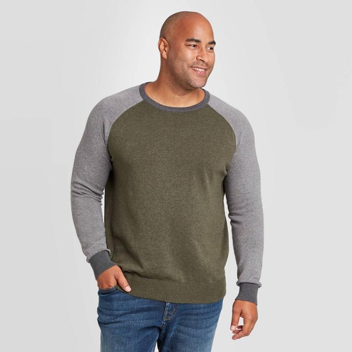 Men's Colorblock Tall Regular Fit Crew Neck Sweater - Goodfellow & Co Olive Heather