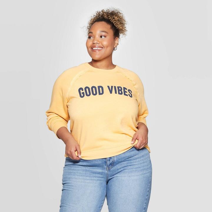 Women's Good Vibes Plus Size Long Sleeve Sweatshirt - Grayson Threads (juniors') - Yellow 2x, Women's,