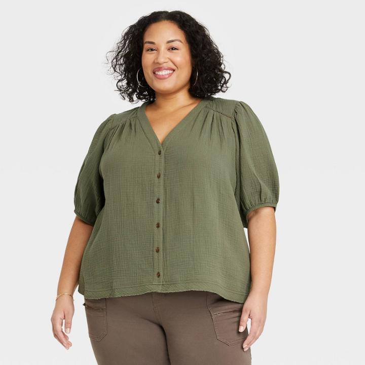 Women's Plus Size 3/4 Sleeve Gauze Button-down Shirt - Knox Rose Olive