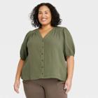 Women's Plus Size 3/4 Sleeve Gauze Button-down Shirt - Knox Rose Olive