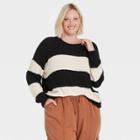 Women's Plus Size Striped Crewneck Pullover Sweater - Knox Rose Black