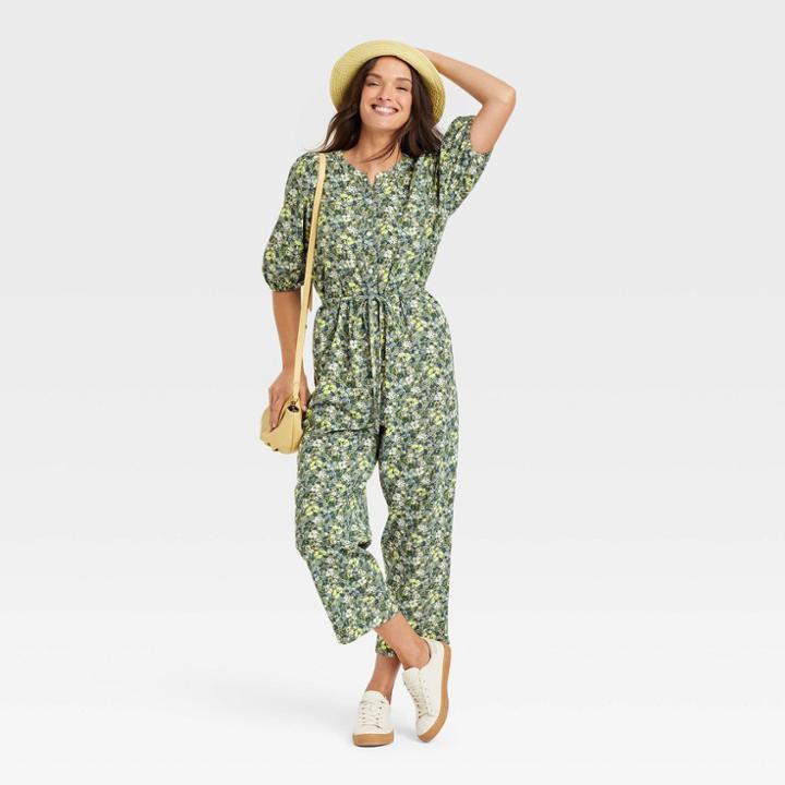 Women's Puff 3/4 Sleeve Jumpsuit - Universal Thread Green Floral