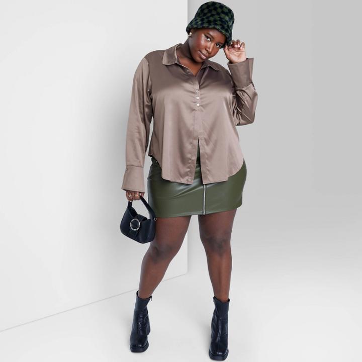Women's Plus Size Bell Long Sleeve Collared Satin Button-down Shirt - Wild Fable Dark Taupe