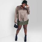 Women's Plus Size Bell Long Sleeve Collared Satin Button-down Shirt - Wild Fable Dark Taupe