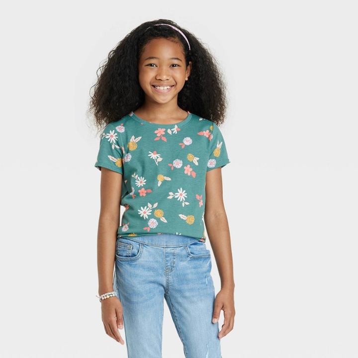 Girls' Floral Printed Short Sleeve T-shirt - Cat & Jack Dusty Green