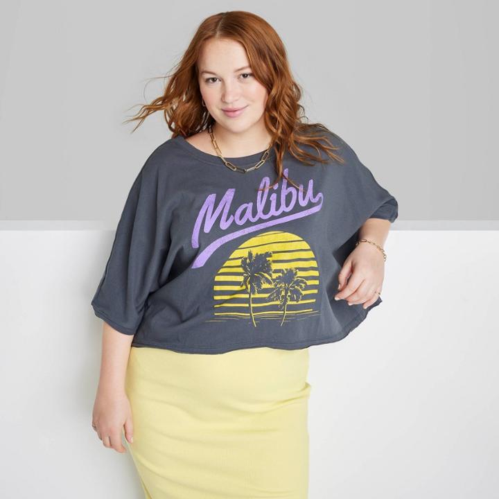 Women's Plus Size Ascot + Hart Malibu Short Sleeve Cropped Graphic T-shirt - Gray