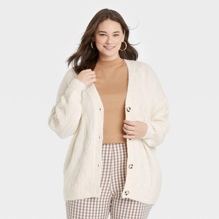 Women's Plus Size Boyfriend Cardigan - A New Day Cream