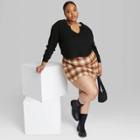 Women's Plus Size Long Sleeve V-neck Waffle Boxy T-shirt - Wild Fable Black