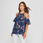 Women's Floral Print Short Sleeve Cold Shoulder Choker Neck Blouse - Lux Ii - Navy