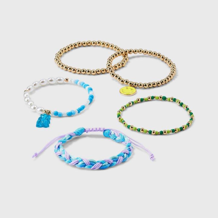 Simulated Pearl And Gummy Bear Charm Mixed Bracelet Set 5pc - Wild Fable , White