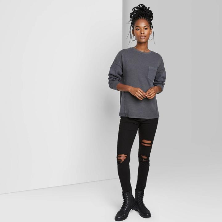 Women's Long Sleeve Round Neck Boxy Tunic T-shirt - Wild Fable Dark Gray