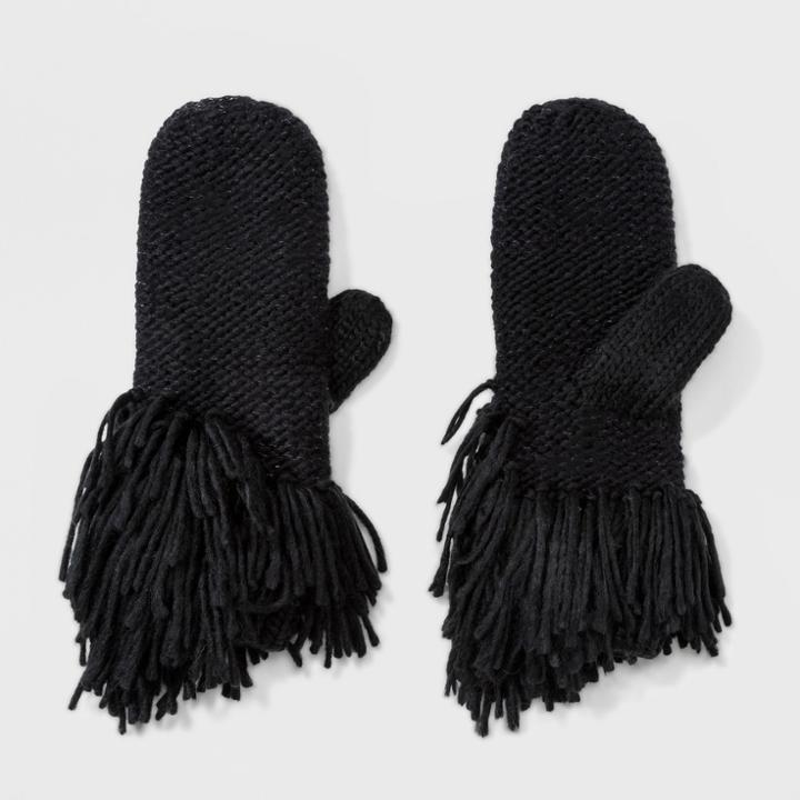 Women's Fleece Lined Marled Faux Fur Pom Mittens - Universal Thread Black
