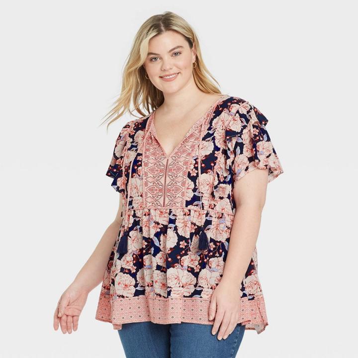Women's Plus Size Floral Print Flutter Short Sleeve V-neck Top - Knox Rose Navy 1x, Blue Floral