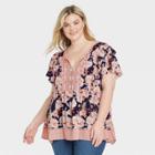 Women's Plus Size Floral Print Flutter Short Sleeve V-neck Top - Knox Rose Navy 1x, Blue Floral