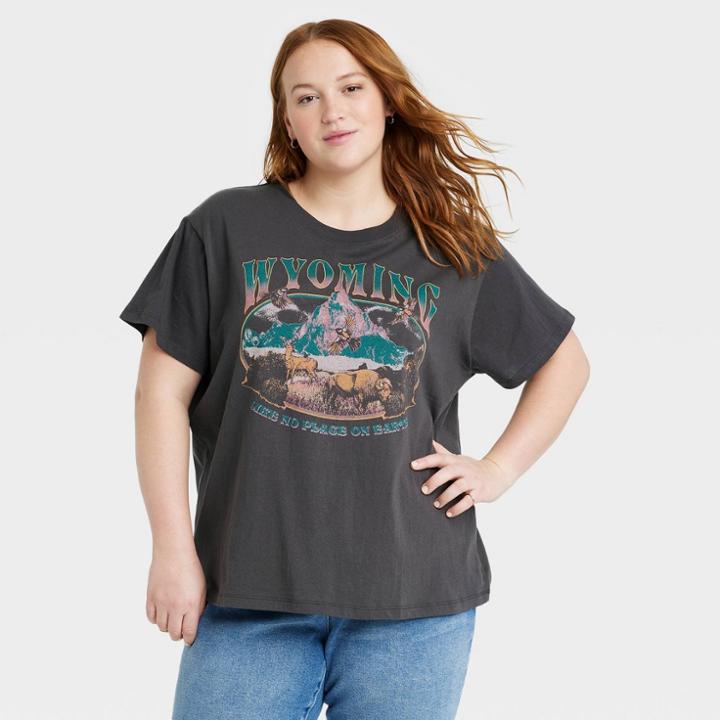 Doe. Women's Plus Size Wyoming Short Sleeve Graphic T-shirt - Charcoal Gray