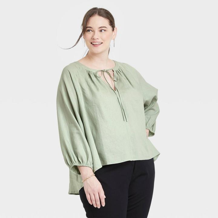 Women's Plus Size Raglan Long Sleeve Tie-front Top - A New Day Green