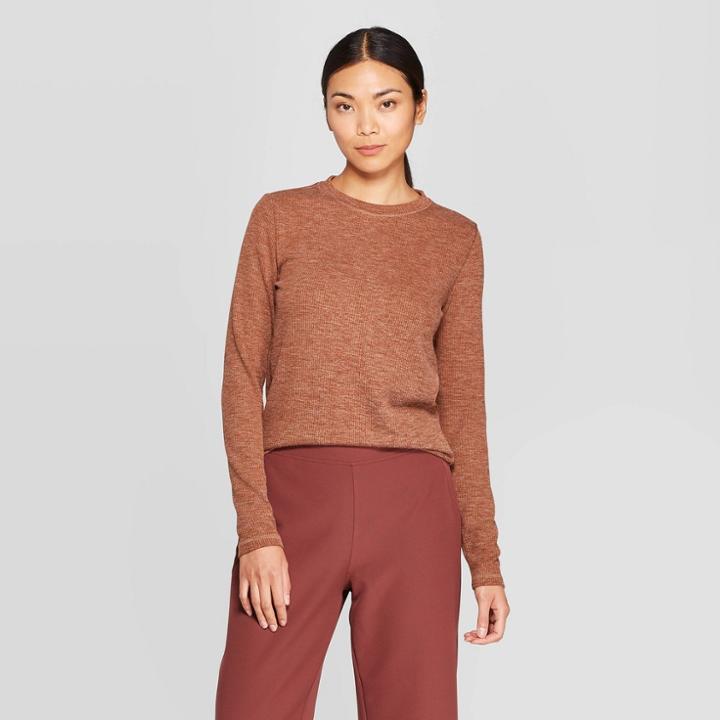 Women's Essential Long Sleeve Ribbed Crewneck T-shirt - Prologue Brown L, Women's,