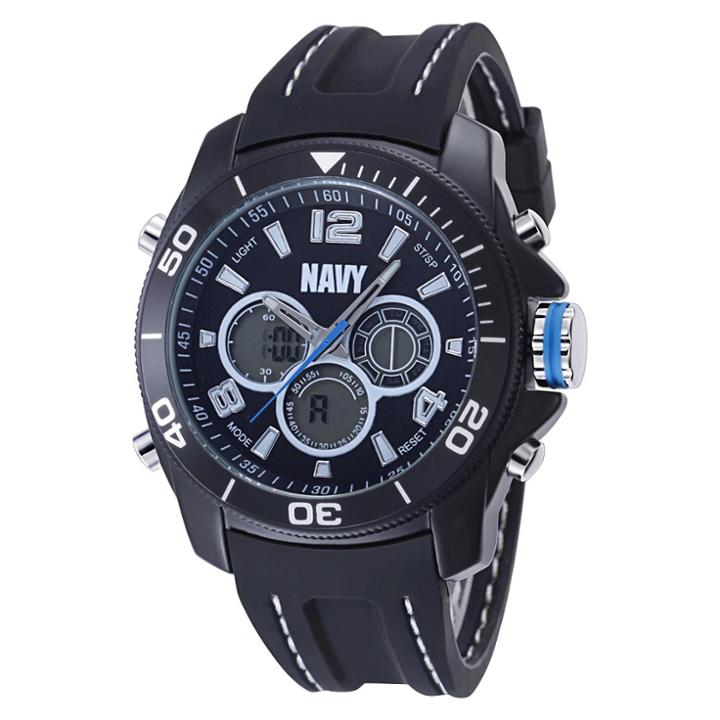 Men's U.s. Navy C29 Multifunction Watch By Wrist Armor, Black And White Dial, Black Rubber Strap,