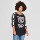 Women's 3/4 Sleeve Plus Size Skeleton Raglan Graphic T-shirt - Zoe+liv Charcoal