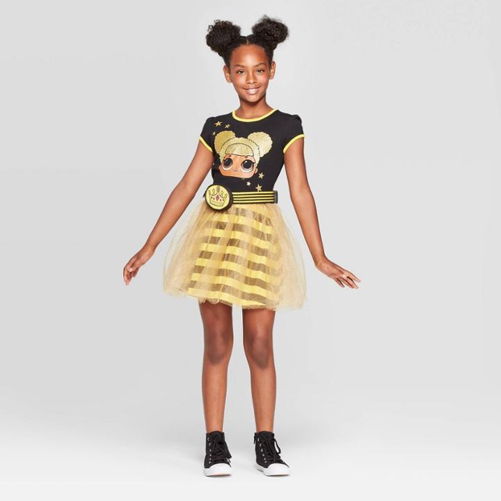 Petitegirls' L.o.l. Surprise! Queen Bee Short Sleeve Dress With Coin Purse Belt - Black/yellow S, Girl's, Size: