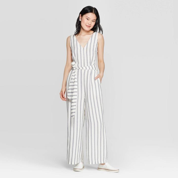 Women's Striped Sleeveless V-neck Jumpsuit - A New Day Cream