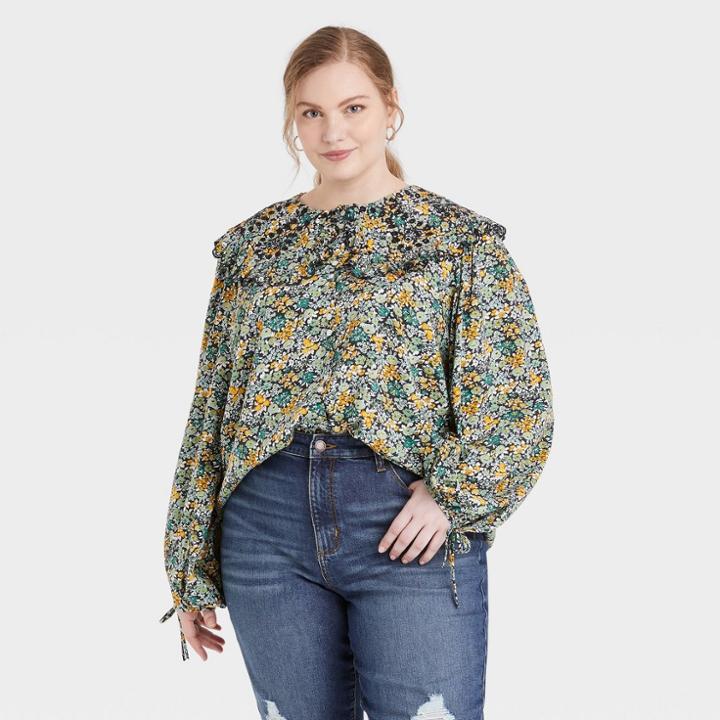 Women's Plus Size Balloon Long Sleeve Embroidered Button-down Shirt - Universal Thread Floral