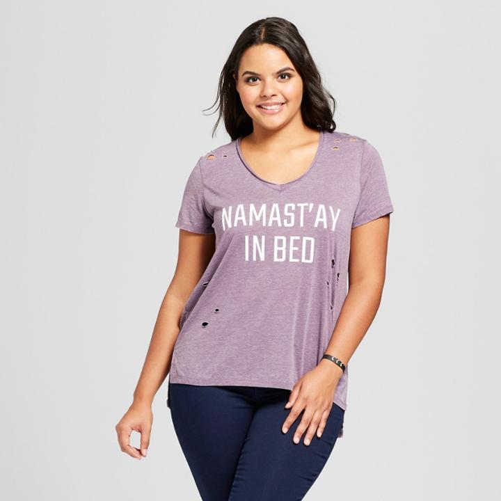 Women's Plus Size Namastay In Bed Destructed Graphic T-shirt - Grayson Threads (juniors') Purple