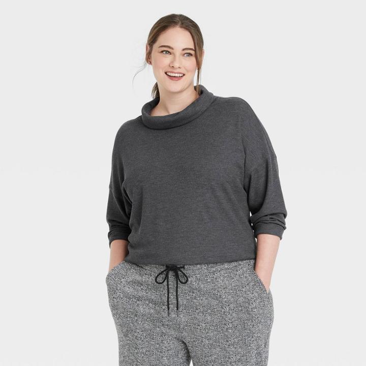 Women's Plus Size Long Sleeve Turtleneck Waffle T-shirt - A New Day Black