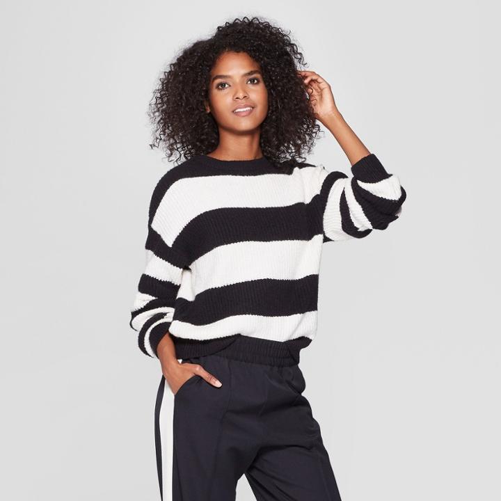 Women's Striped Long Sleeve Crew Neck Tie Back Sweater - Who What Wear Black/white Xl, Black/white